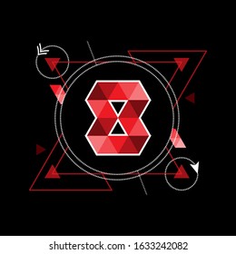 logo design icon number 8. geometric logo with a line art frame. modern template. red texture. black isolated. technology logo eight. for companies, technology,digital and graphic design. illustration