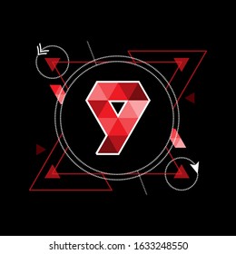 logo design icon number 9. geometric logo with a line art frame. modern template. red texture. black isolated. technology logo nine. for companies, technology, digital and graphic design. illustration