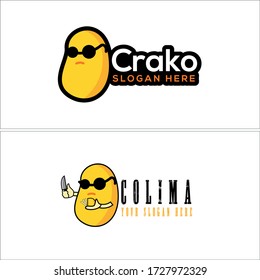 Logo design with icon potato eyeglasses holding knife illustration vector suitable for restaurant food snack business cartoon cute character brand