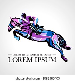 Logo. Design Icons. Silhouette Of Racing Horse With Jockey. Equestrian Sport.  Poster. Sport. Jockey Riding Jumping Horse. Vector Illustration.