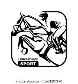Logo. Design icons. Silhouette of racing horse with jockey. Equestrian sport.  Poster. Sport. Jockey riding jumping horse. Vector Illustration