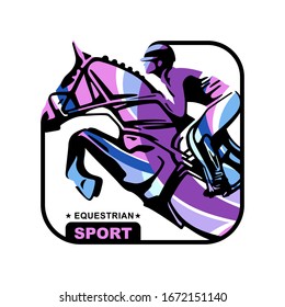 Logo. Design icons. Silhouette of racing horse with jockey. Equestrian sport.  Poster. Sport. Jockey riding jumping horse. Vector Illustration