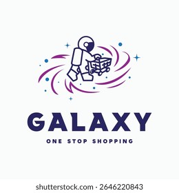 Ilustração de design de logotipo com um astronauta empurrar entrada do carrinho de compras para a galáxia para uma parada de compras com algumas estrelas ao redor