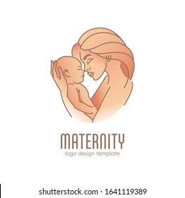 Logo design illustration. Emblem of maternity - happy woman with baby. Motherhood illustration for your design