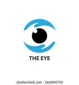 logo design illustration of an eyeball and hand shape in blue