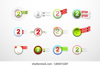 Logo Design Illustration Set Sign Numbers "two in one". Button with Figures 2 in 1 icon and Tapes with Names of Options. Vector Color banner with logo two and one numeral in the Circle Flat Button set