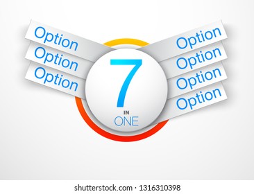 Logo Design Illustration Set Sign Numbers "seven in one". Flat Button with Figures 7 in 1 icon and Tapes with Names Options.Vector Color banner with logo seven and one numeral in the Circle Button set