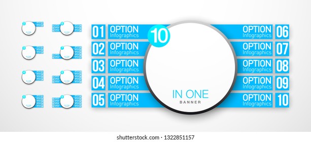 Logo Design Illustration Set Sign Numbers "in one". Flat Button with Figures 2,3,4,5,6 in 1 icon and Tapes with Names Options. Color banner with logo three and one numeral in the Circle Button set