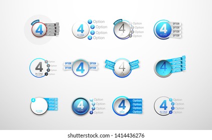 Logo Design Illustration Set Sign Numbers "four in one". Flat Button with Figures 4 in 1 icon and Tapes with Names Options. Vector Color banner with logo four and one numeral in the Circle Button set