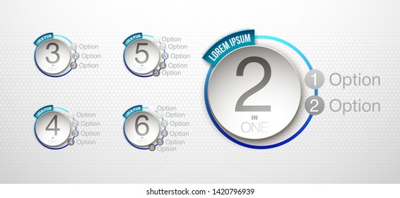 Logo Design Illustration Set Sign Numbers "in one". Flat Button with Figures 2,3,4,5,6 in 1 icon and Tapes with Names Options. Color banner with logo three and one numeral in the Circle Button set