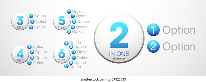 Logo Design Illustration Set Sign Numbers "in one". Flat Button with Figures 2,3,4,5,6 in 1 icon and Tapes with Names Options. Color banner with logo three and one numeral in the Circle Button set