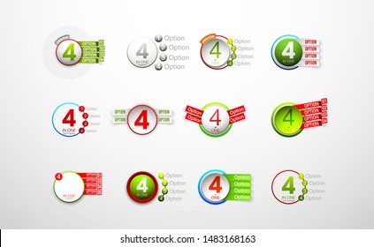 Logo Design Illustration Set Sign Numbers "four in one". Flat Button with Figures 4 in 1 icon and Tapes with Names Options. Vector Color banner with logo four and one numeral in the Circle Button set