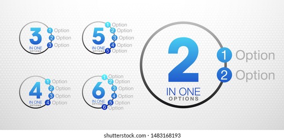 Logo Design Illustration Set Sign Numbers "in one". Flat Button with Figures 2,3,4,5,6 in 1 icon and Tapes with Names Options. Color banner with logo three and one numeral in the Circle Button set