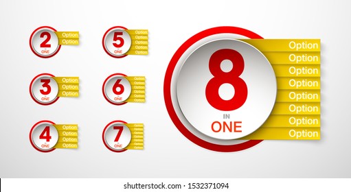 Logo Design Illustration Set Sign Numbers "in one". Flat Button with Figures 2,3,4,5,6 in 1 icon and Tapes with Names Options. Color banner with logo three and one numeral in the Circle Button set