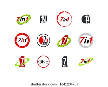Logo Design Illustration Set Sign Numbers "seven in one". Flat Button with Figures 7 in 1 icon. Color banner with logo seven and one numeral in the Circle Button set