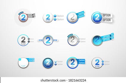 Logo Design Illustration Set Sign Numbers "two in one". Button with Figures 2 in 1 icon and Tapes with Names of Options. Vector Color banner with logo two and one numeral in the Circle Flat Button set