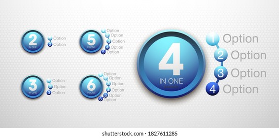 Logo Design Illustration Set Sign Numbers "in one". Flat Button with Figures 2,3,4,5,6 in 1 icon and Tapes with Names Options. Color banner with logo three and one numeral in the Circle Button set