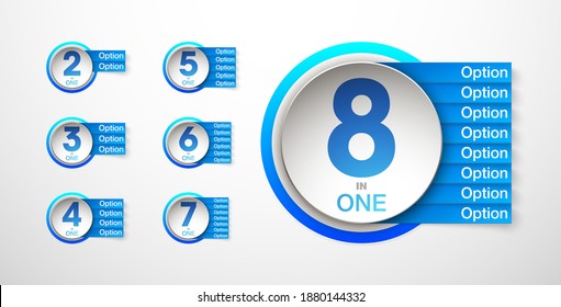 Logo Design Illustration Set Sign Numbers "in one". Flat Button with Figures 2,3,4,5,6 in 1 icon and Tapes with Names Options. Color banner with logo three and one numeral in the Circle Button set