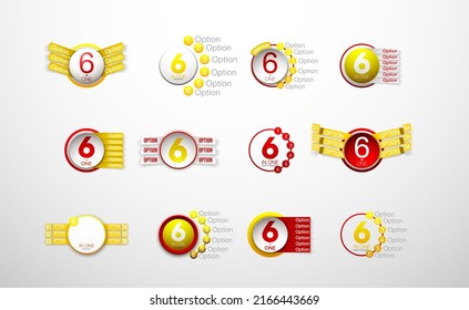 Logo Design Illustration Set Sign Numbers "six in one". Flat Button with Figures 6 in 1 icon and Tapes with Names Options. Vector Color banner with logo six and one numeral in Circle Flat Button set