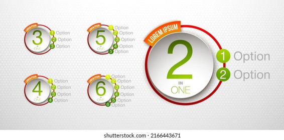 Logo Design Illustration Set Sign Numbers "in one". Flat Button with Figures 2,3,4,5,6 in 1 icon and Tapes with Names Options. Color banner with logo three and one numeral in the Circle Button set