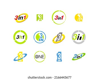 Logo Design Illustration Set Sign Numbers "three in one". Flat Button with Figures 3 in 1 icon. Color banner with logo three and one numeral in the Circle Flat Button set