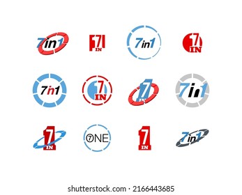 Logo Design Illustration Set Sign Numbers "seven in one". Flat Button with Figures 7 in 1 icon. Color banner with logo seven and one numeral in the Circle Button set