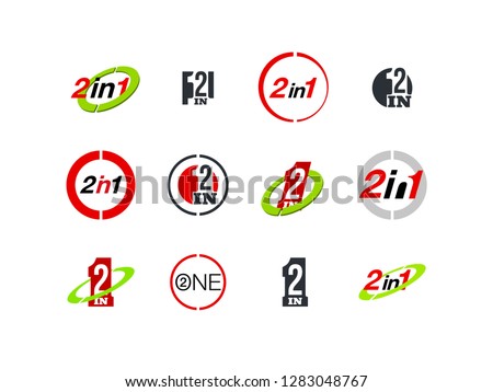 Logo Design Illustration Set Sign Numbers "two in one". Button with Figures 2 in 1 icon. Color banner with logo two and one numeral in the Circle Flat Button set