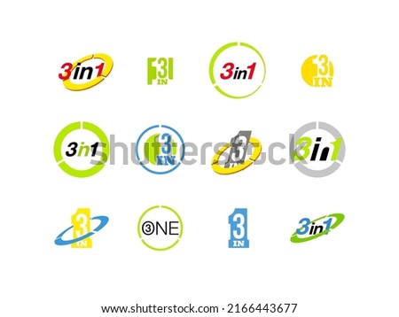 Logo Design Illustration Set Sign Numbers "three in one". Flat Button with Figures 3 in 1 icon. Color banner with logo three and one numeral in the Circle Flat Button set