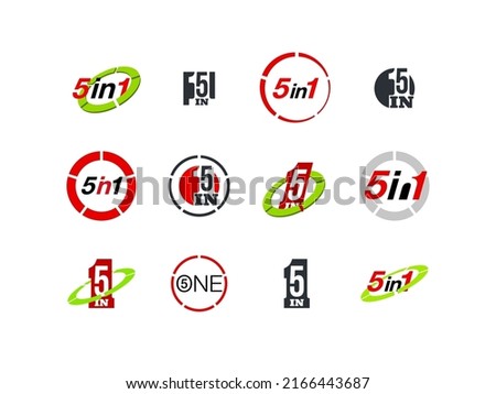 Logo Design Illustration Set Sign Numbers "five in one". Flat Button with Figures 5 in 1 icon. Color banner with logo five and one numeral in the Circle Button set