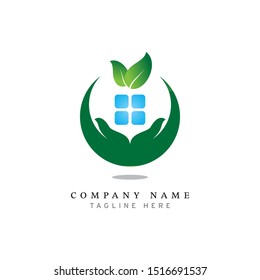 logo design with an illustration of the shape of the praying hand plus 4 boxes as the shape of the window and a leaf roof as a symbol of natural value to form a logo with strong character - vector