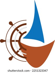 Logo design illustration of steering wheel and yacht for sailing and adventure 
