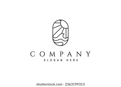 logo design illustration of a summer seascape with ocean waves and sun in line art style