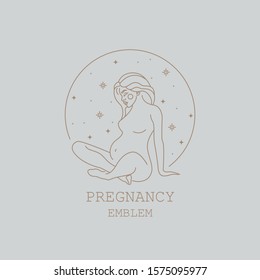 Logo design illustration in trendy linear style. Emblem of maternity - happy pregnant woman. Natural and healthy motherhood concept