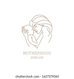 Logo design illustration in trendy linear style. Emblem of maternity - happy woman with baby. Natural and healthy motherhood illustration for your design