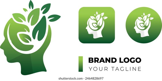 Logo design for Individual WellBeing Health Brand with brain, Vitamins, Minerals theme thinking green. Nature app icon and Organic eco sign. Green gradient nature emblem modern Vector illustration