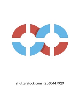 A logo design of an infinity symbol that looks like a number 8 in red and blue