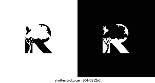 Logo design initials letter R a combination of a unique and elegant tree