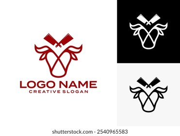 Logo design inspiration illustration of Angus Bull Longhorn Bull Head with Celtic Knot Line Style and a kitchen knife