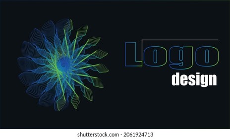Diseño de logotipo aislado en fondo negro.Forma geométrica de líneas verdes y azules. Dibujo vectorial
