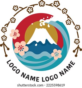 logo design in Japanese style with Fuji mount and ocean wave with sakura