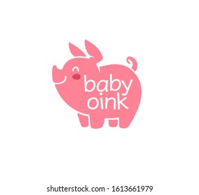 Logo design for kid toys store, market, boutique with cute oink little pig character silhouette isolated on white background. Baby accessories boutique emblem design. Vector flat illustration.