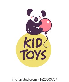 Logo design for kid toys store market, boutique with cute koala bear character silhouette with air balloon isolated on white background. Baby accessory boutique emblem design. Vector flat illustration
