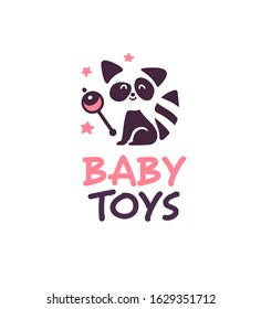 Logo design for kid toys store, market, boutique with cute playful raccoon character sit with rattle  isolated on white background. Baby accessories boutique emblem design. Vector flat illustration.