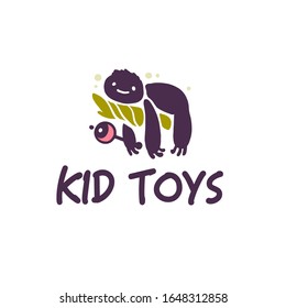 Logo design for kid toys store, market, boutique with funny sloth character silhouette with rattle isolated on white background. Baby accessories boutique emblem design. Vector flat illustration.