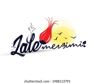 un texto de logotipo que dice lale mevsimi y pájaro, sol, flores, vector.