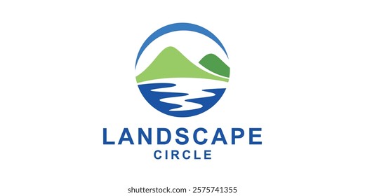 logo design landscape,mountain and river,circle,symbol,icon,idea,creative.