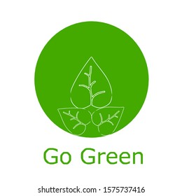 Logo design. Leaves pattern on green circle stylized with text go green on white color background.