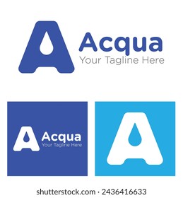 Logo-Design des Buchstabens A mit einem Tropfen Wasser. Blaues Wasser abstraktes Logo