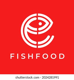 logo design with letter e mix fish and red color background