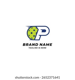 The logo design of the letter P with a pickleball ball, ideal for pickleball brands that carry an active, clean and modern impression